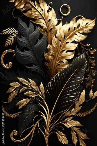 Luxury gold and black floral leaves background. AI 