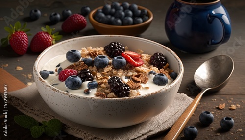 close up granola bowl full of nuts, grain and mix berries fruit, premium homemade dish, Generative Ai
