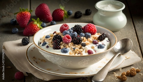 close up granola bowl full of nuts, grain and mix berries fruit, premium homemade dish, Generative Ai