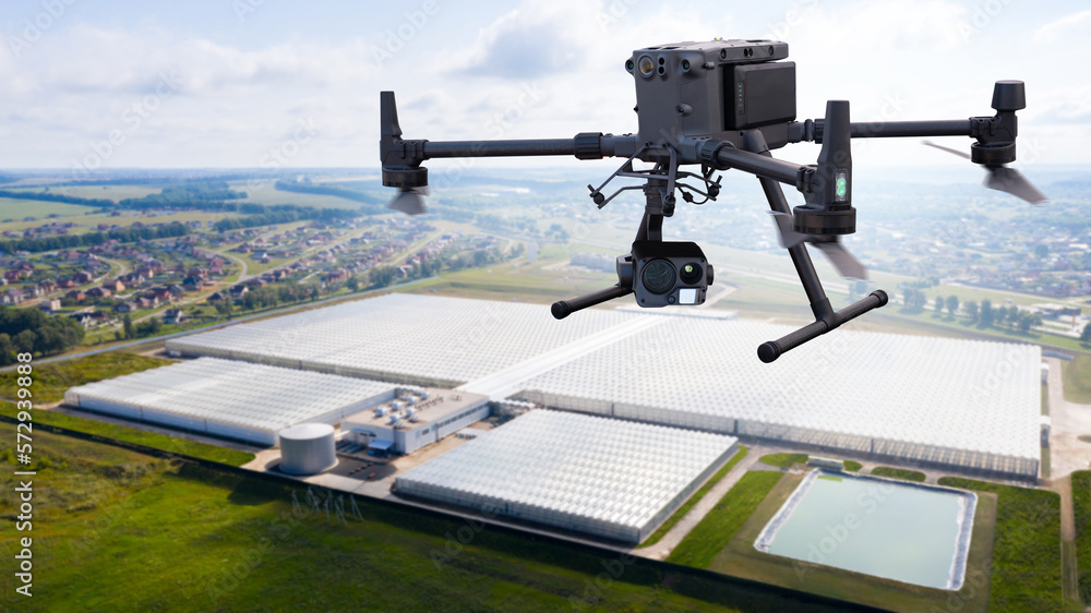 Drone fly over agricultural greenhouse