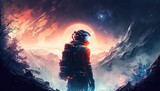 illustration of an astronaut in space battlefield, idea for sci-fi and space punk background wallpaper, Generative ai