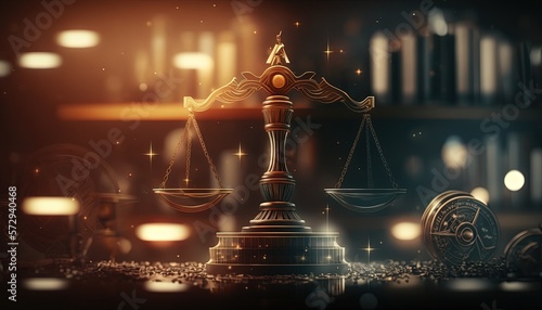 law and justice conceptual, antique beam scale with bokeh light, shine from dark, Generative Ai photo