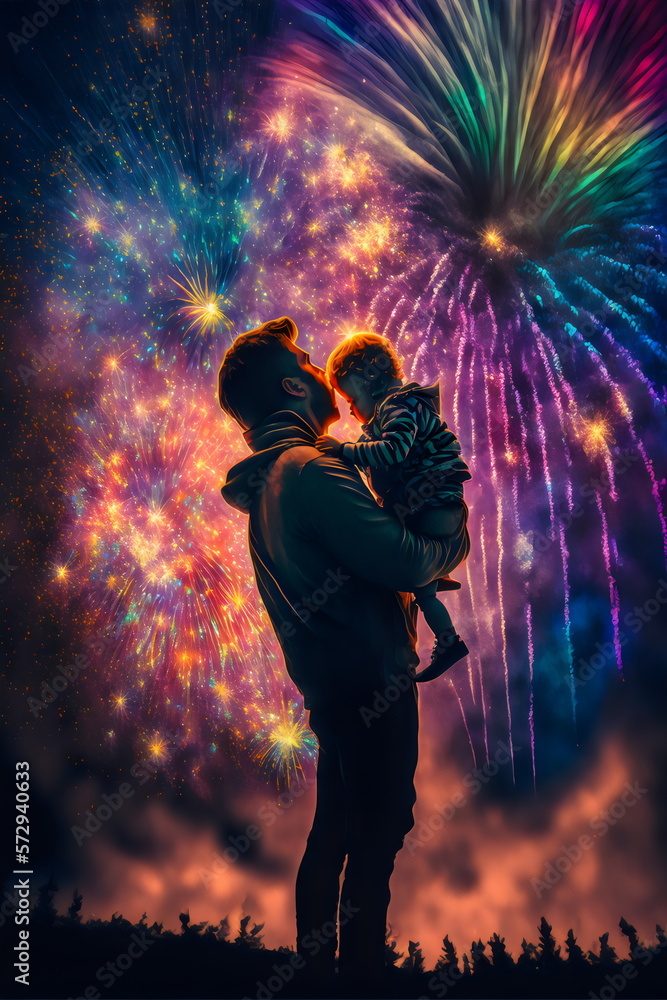 silhouette of father holding up child to see amazing fireworks display created with generative ai