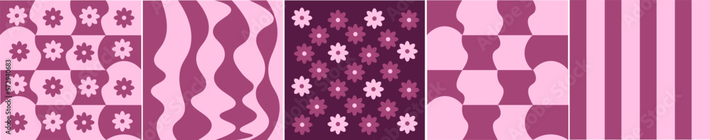 Set of groovy viva magenta backgrounds. Funky seamless pattern and texture in trendy retro 70s cartoon sty