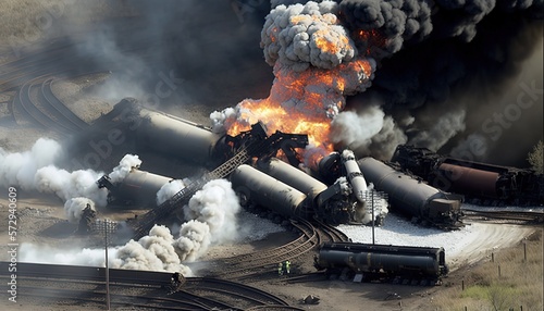 illustration of derailment train with flame and black smoke burning on it, idea for support Ohio crisis, Generative Ai