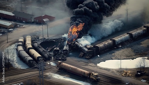 illustration of derailment train with flame and black smoke burning on it, idea for support Ohio crisis, Generative Ai