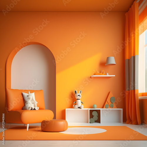Bright and cozy modern playroom interior with orange furniture and decoration room on empty orange or white wall background  Ai generated 