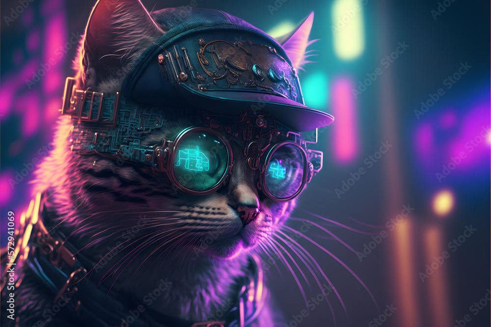 cyberpunk cat with glasses created with generative AI technology Stock ...