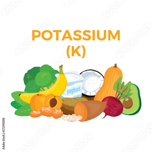 Potassium (K) in food icon vector. Potassium food sources vector illustration isolated on a white background. Potato, apricot, broccoli, beetroot, butternut vector. Pile of healthy fresh food drawing