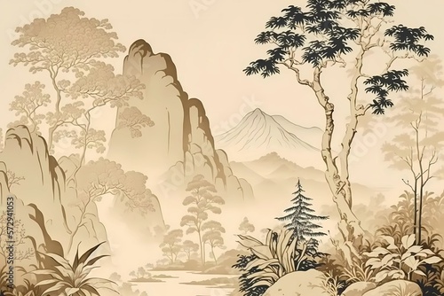 Beautiful landscape of mountains with gardens and flowers by chinese style. Beige, pastel colors.