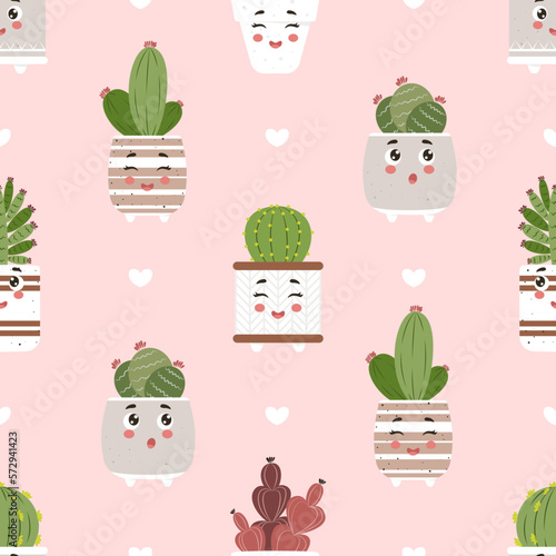 kawaii flowerpots seamless pattern, cute kawaii cacti, kawaii plant spring set, houseplant, home garden, gardening, plant blinds, houseplant shop concept, greenhouse