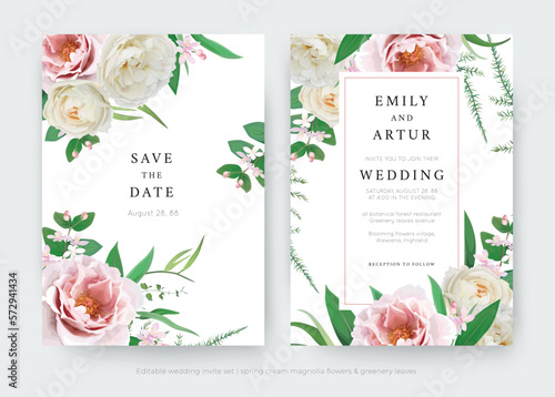 Elegant wedding invitation, save the date card set. Pink peony, cream white rose flowers, greenery garden fern leaves bouquet border. Editable, watercolor style vector Illustration. Beautiful template