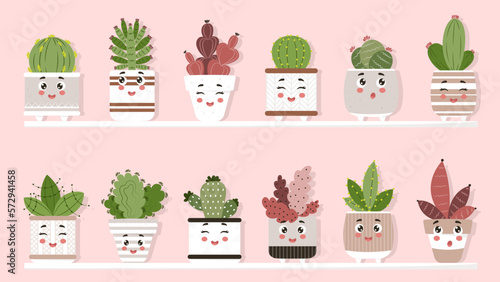 set of cute kawaii vases, kawaii cacti, spring set with kawaii plants, Houseplant, home garden, gardening, plant lover, houseplant store concept, greenhouse