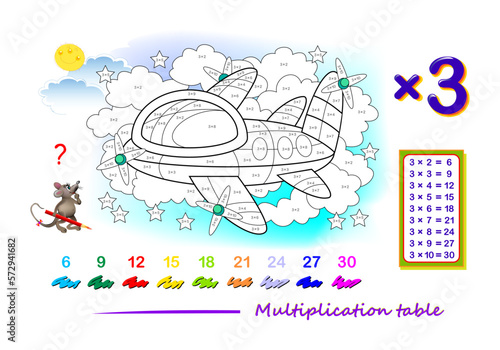 Multiplication table by 3 for kids. Math education. Coloring book. Solve examples and paint the airplane. Logic puzzle game. Worksheet for children school textbook. Play online. Memory training.