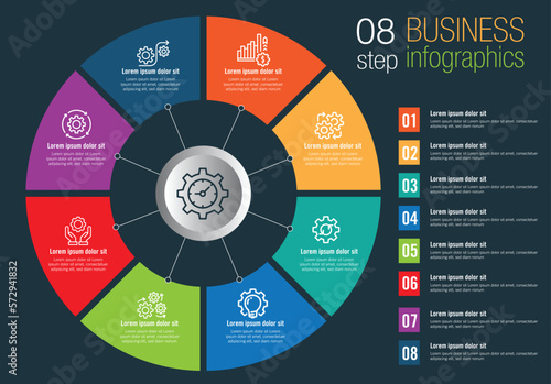 Circle chart infographic template with 8 options for presentations, advertising, layouts, annual reports