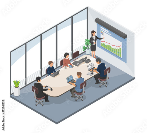 Meeting Room isometric conference Office Worker Brainstorm and present concept illustration isolated vector