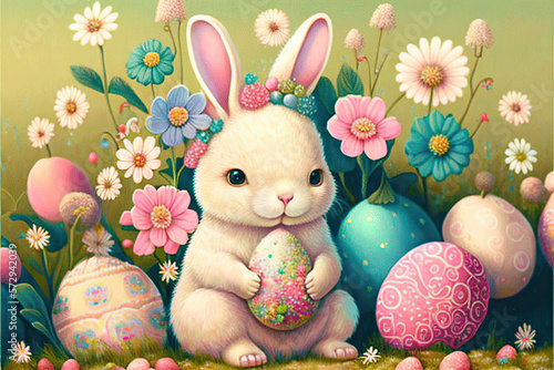 Pretty little white Easter Bunny with colorful Easter eggs and flowers, painting style, Generative AI
