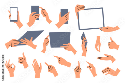 Female hands. Various gestures and positions. Hands hold and use tablet and phone. Gestures Ok, thumb up, point with index finger. Flat style. Vector illustration isolated on white.