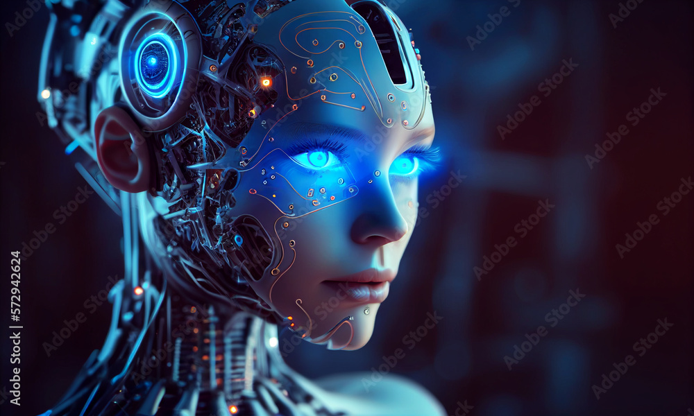 Artificial intelligence in image of cyborg girl with electronic brain. Neural network trained using a virtual hud interface. Machine learning technology concept. Sci-Fi cybernetic robot. Generative Ai Artificial intelligence in image of cyborg girl with electronic brain. Neural network trained using a virtual hud interface. Machine learning technology concept. Sci-Fi cybernetic robot. Generative Ai