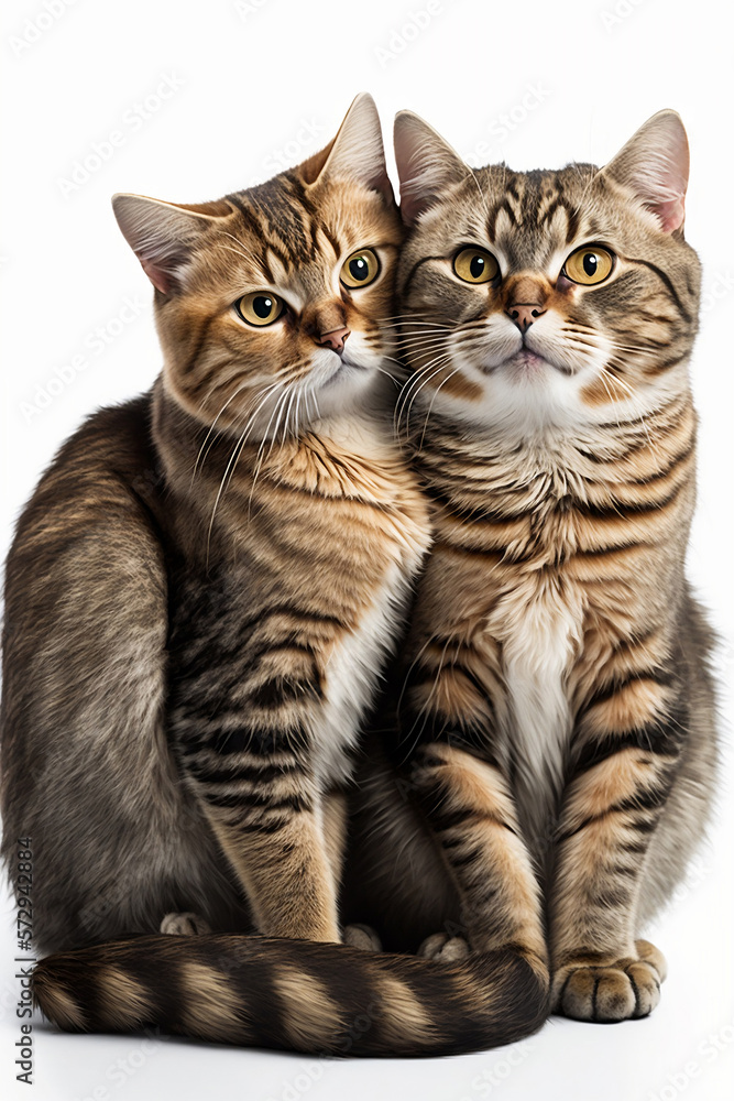 Portrait of two domestic cats hugging each other. Shot of pets on a white isolated background looking directly at the camera. Studio light. Advertising photo. Template banner, poster. Generative AI.