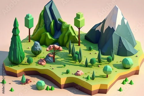 Isometric Mountains Landscape. Colorful Lowpoly 3D Landscape. Generative AI