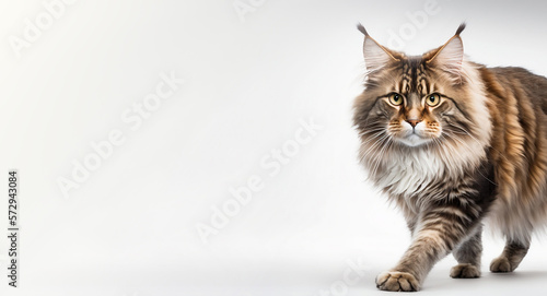 A large Maine Coon cat on a white isolated background walking forward. The pet is looking straight at the camera. Illustration for an advertising product for cats. Natural Studio light. Generative AI. © pawczar