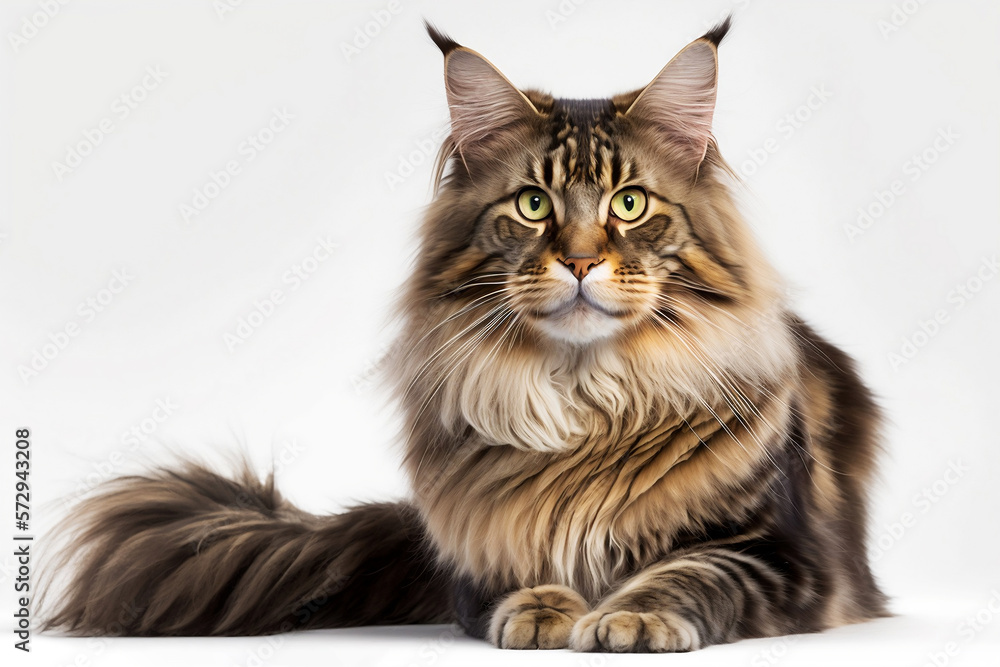 Maine Coon cat lying, sitting on a white background, looking directly at the camera. Cute domestic pet on isolated backdrop. Studio light. Copy free space. Generative AI
