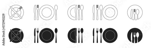 Cutlery icon set. Black and outline. Fork, spoon, knife and plate. Logo for restaurant, caffee etc