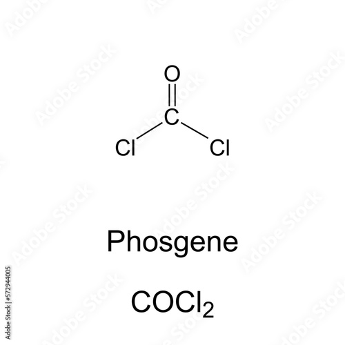 Phosgene, carbonyl dichloride, chemical formula. Toxic, colorless gas, used in polyurethanes and polycarbonate plastics production. Extremely poisonous, used as a chemical weapon during World War I.