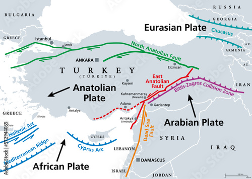 Anatolian Plate tectonics, gray map. Most of the country of Turkey is located on the Anatolian continental tectonic plate, separated from Eurasian and Arabian Plate by North and East Anatolian Fault.