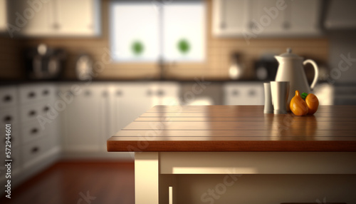 Blank kitchen table with blurry kitchen background created with Generative AI technology