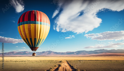 Distant view of hot air balloon with blue sky background created with Generative AI technology