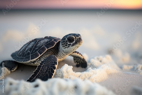 Little turtle on a white beach. Ai generative. photo