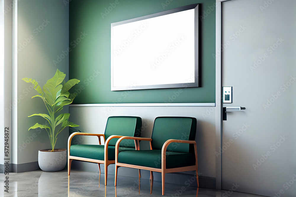 Waiting room for a doctor in a hospital or some office. Above the chairs is a mockup frame with a blank white and copy space for advertising. Illustration with large banner. Generative AI. Waiting room for a doctor in a hospital or some office. Above the chairs is a mockup frame with a blank white and copy space for advertising. Illustration with large banner. Generative AI.