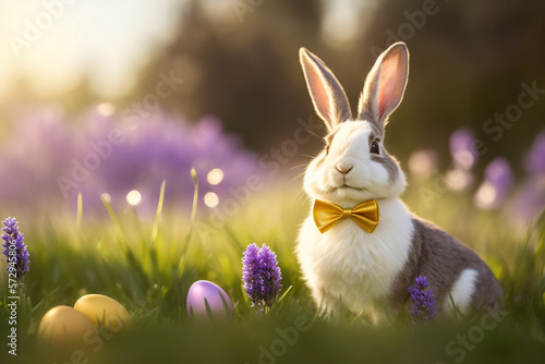 A charming Easter bunny sporting a dapper bowtie sitting in the grass with easter eggs in the background and flowers in the foreground. Generative AI. 