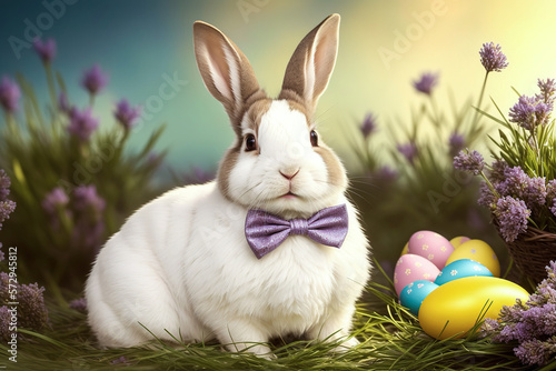 A charming Easter bunny sporting a dapper bowtie sitting in the grass with easter eggs in the background and flowers in the foreground. Generative AI. 