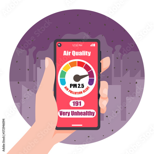 Hand hold smartphone and application check PM 2.5. Air pollution alert. Check the dust meter gauge sign and icon. Vector illustration.