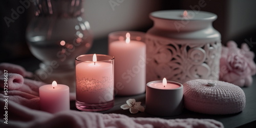 spa salon in pink soft lighting Candles roses  flowers  aromatherapy  composition  soft candle light  romantic relaxing cozy meditation therapy valentines day concept background relaxation meditation 