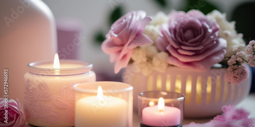 spa salon in pink soft lighting Candles roses  flowers  aromatherapy  composition  soft candle light  romantic relaxing cozy meditation therapy valentines day concept background relaxation meditation 