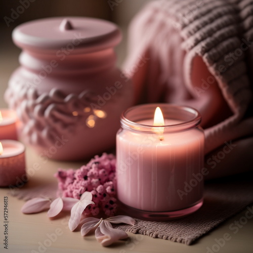 spa salon in pink soft lighting Candles roses  flowers  aromatherapy  composition  soft candle light  romantic relaxing cozy meditation therapy valentines day concept background relaxation meditation 