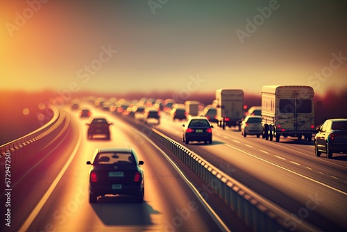 Traffic on the highway at sunset. Ai generative.