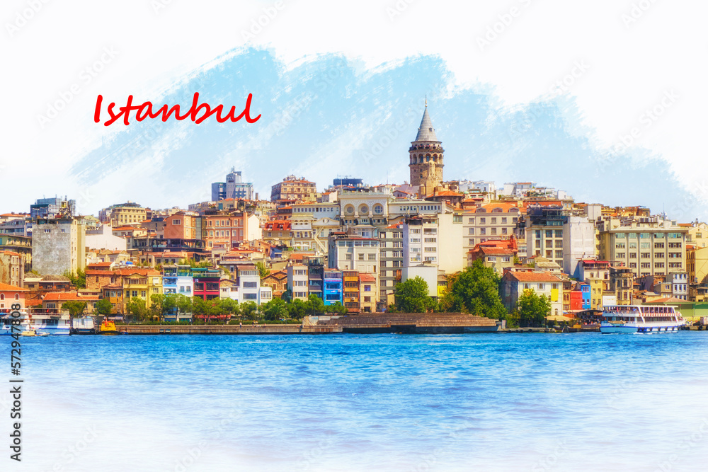 Istanbul, Turkey. View of the Galata Tower, old buldings, Beoglu district and the Golden Horn