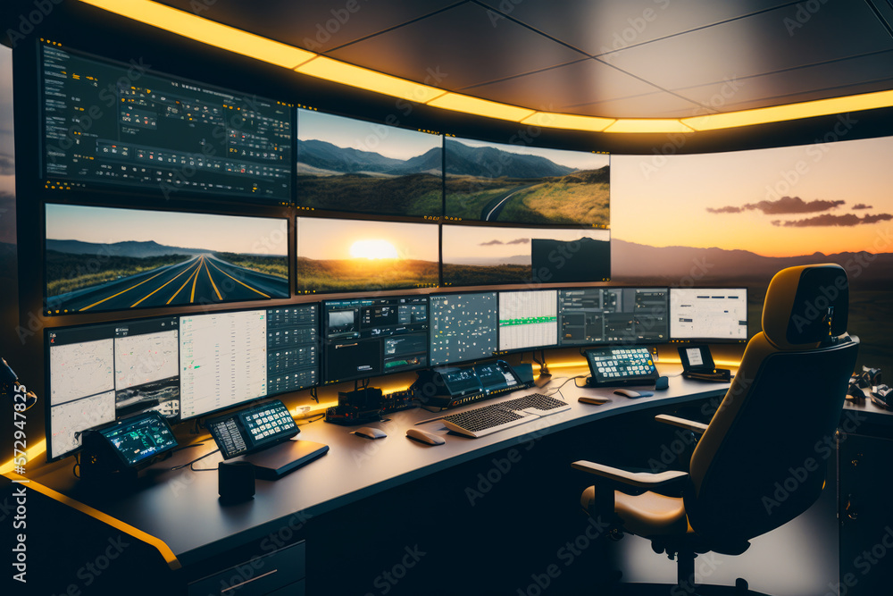 Control room with multiple monitors and large screen. Generative AI