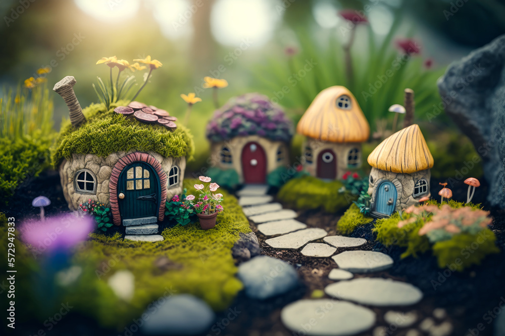 Fairy garden with miniature houses and flowers. Generative AI.