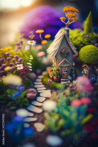 Miniature house in the middle of fairy garden. Generative AI.