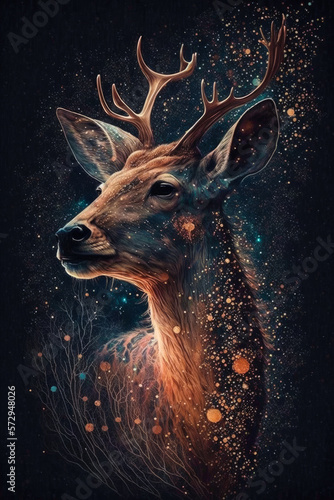 Painting of deer with stars in its eyes. Generative AI.