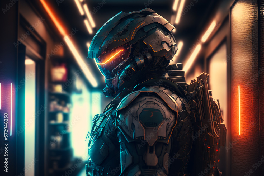 An image of futuristic soldier standing in hallway. Generative AI.