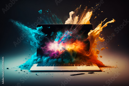 Foto An image of laptop with colorful smoke coming out of it