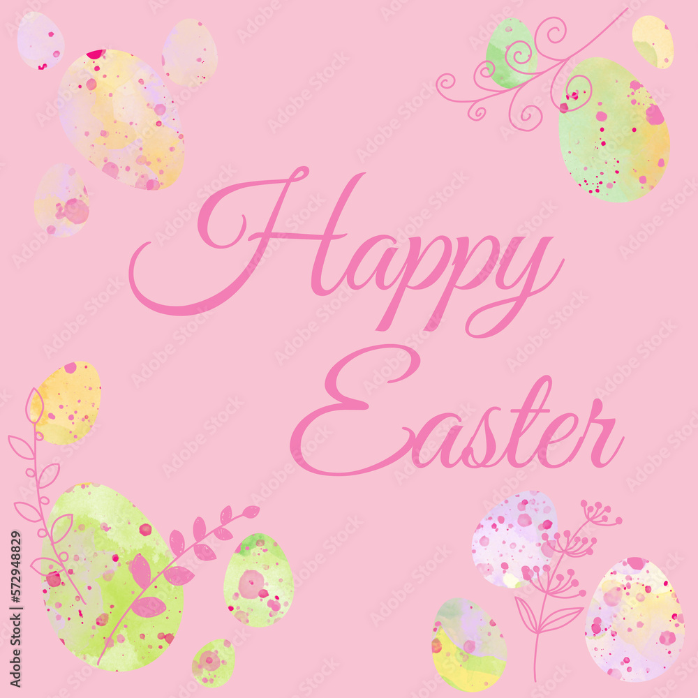 happy easter text on light pink ground with watercolor easter eggs and floral branches happy easter text on light pink ground with watercolor easter eggs and floral branches