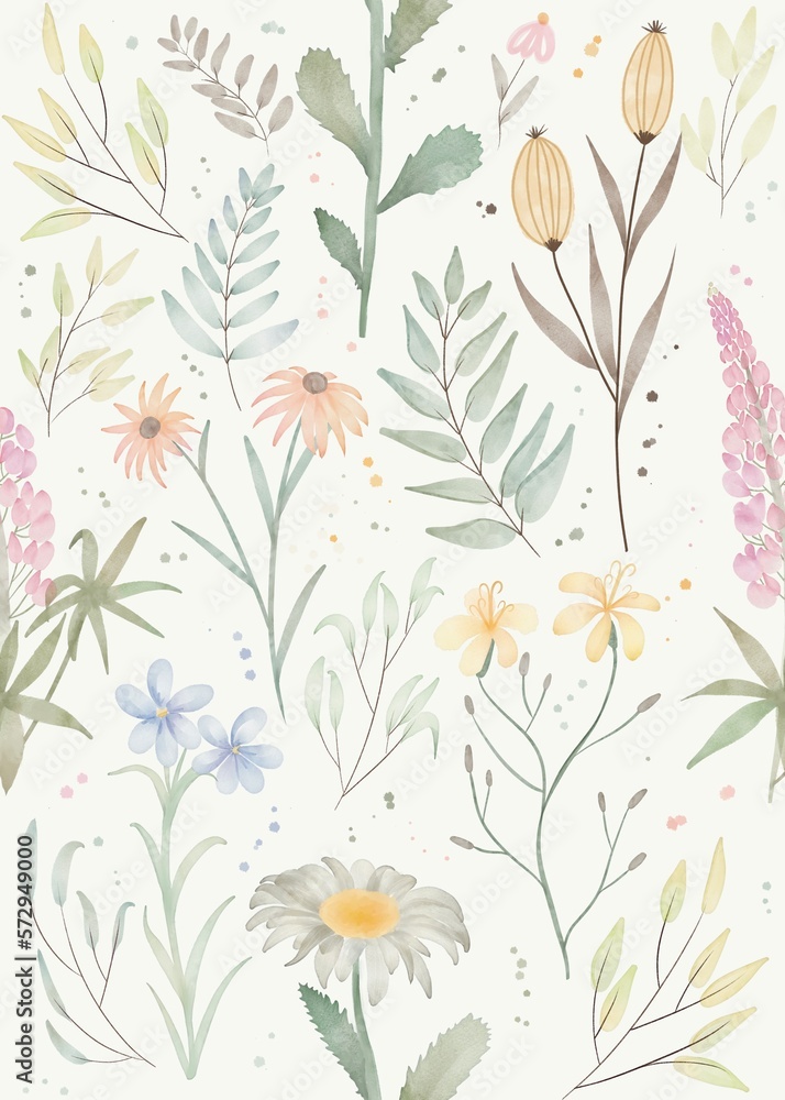 Seamless pattern Watercolor vintage hand drawn floral home decor background design branches and eucalyptus leaves Botanical flowers blooms, nature cover invitation fabric canvas print daisy coneflower